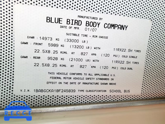 2008 BLUE BIRD SCHOOL BUS 1BABGCKA18F245839 image 9