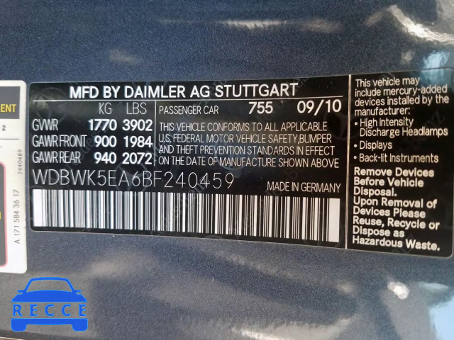 2011 MERCEDES-BENZ SLK 300 WDBWK5EA6BF240459 Bild 9