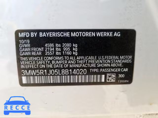 2020 BMW 330I 3MW5R1J05L8B14020 зображення 9
