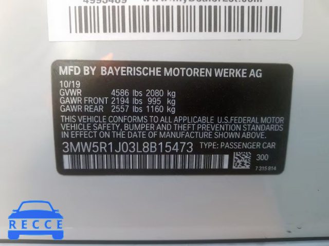 2020 BMW 330I 3MW5R1J03L8B15473 image 9