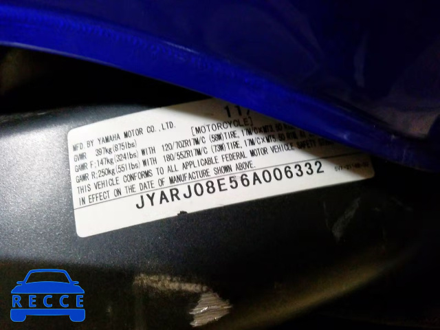 2006 YAMAHA FZ6 JYARJ08E56A006332 зображення 9