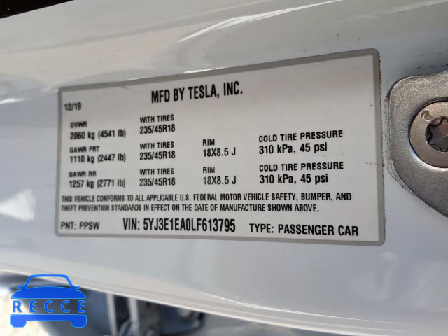 2020 TESLA MODEL 3 5YJ3E1EA0LF613795 image 9