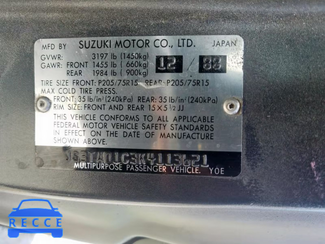 1989 SUZUKI SIDEKICK J JS3TA01C3K4113621 image 9