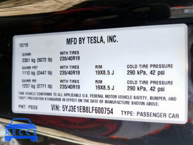 2020 TESLA MODEL 3 5YJ3E1EB8LF600754 image 9