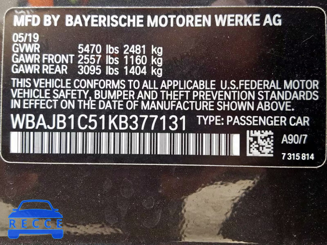 2019 BMW 530XE WBAJB1C51KB377131 зображення 9