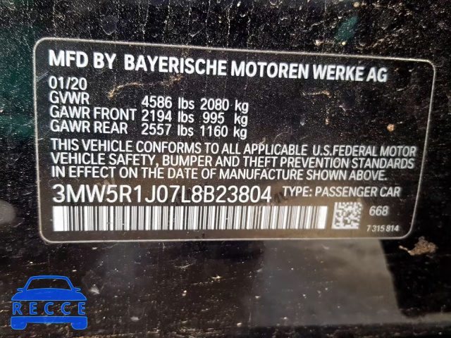2020 BMW 330I 3MW5R1J07L8B23804 image 9