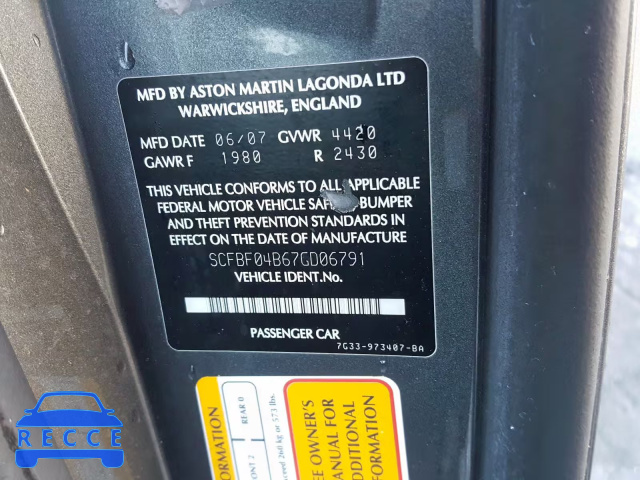 2007 ASTON MARTIN V8 VANTAGE SCFBF04B67GD06791 image 9