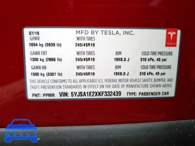 2019 TESLA MODEL S 5YJSA1E2XKF332439 Bild 9