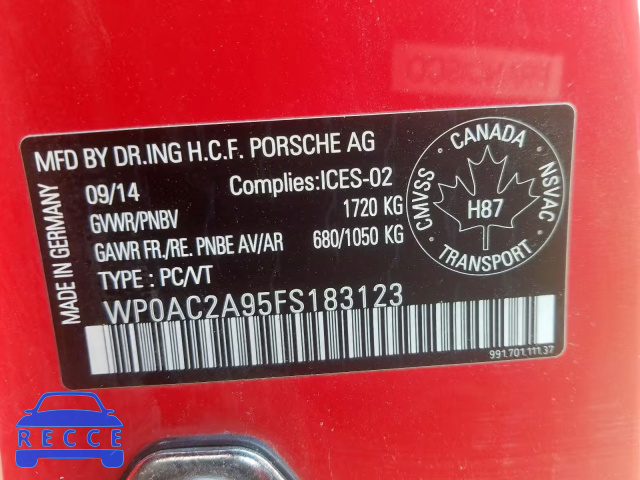 2015 PORSCHE 911 GT3 WP0AC2A95FS183123 зображення 9