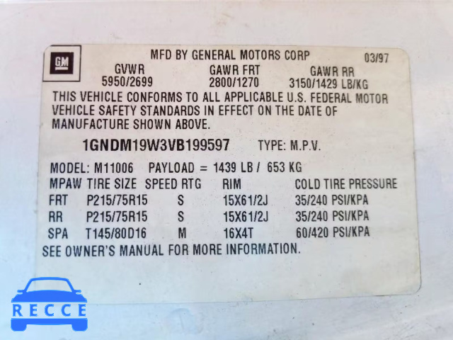 1997 CHEVROLET ASTRO 1GNDM19W3VB199597 зображення 9