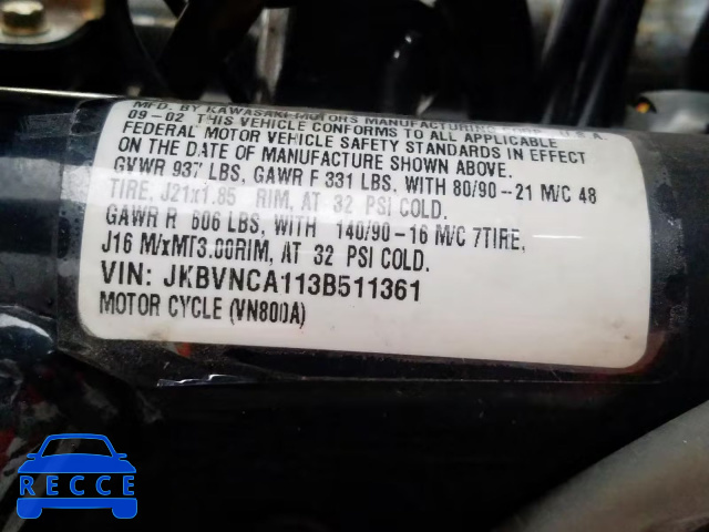 2003 KAWASAKI VN800 JKBVNCA113B511361 зображення 9
