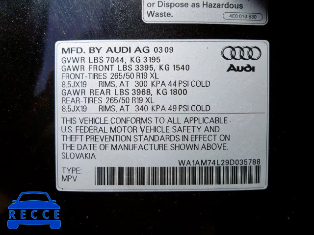 2009 AUDI Q7 TDI WA1AM74L29D035788 image 9