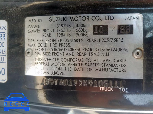 1989 SUZUKI SIDEKICK J JS4TA01VXK4105111 image 9