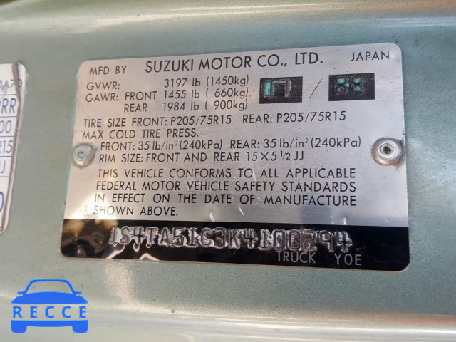 1989 SUZUKI SIDEKICK J JS4TA51C3K4100294 зображення 9