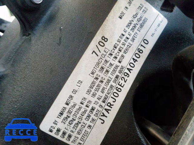 2009 YAMAHA YZFR6 S JYARJ06E29A040610 image 9