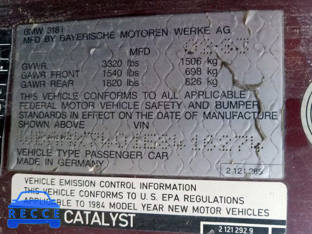 1984 BMW 318 I WBAAK7401E8416274 image 9