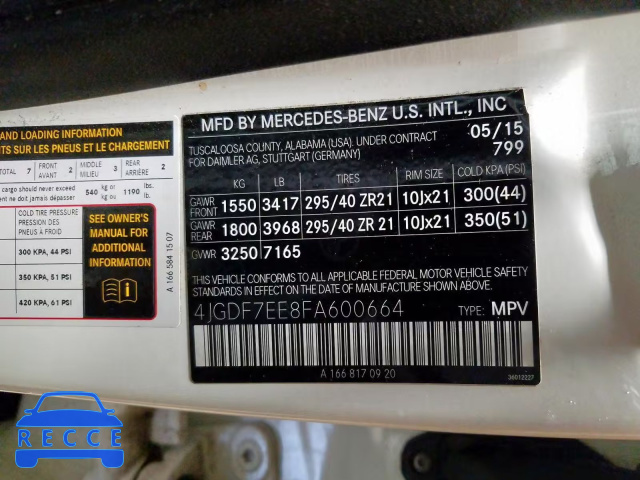 2015 MERCEDES-BENZ GL 63 AMG 4JGDF7EE8FA600664 зображення 9