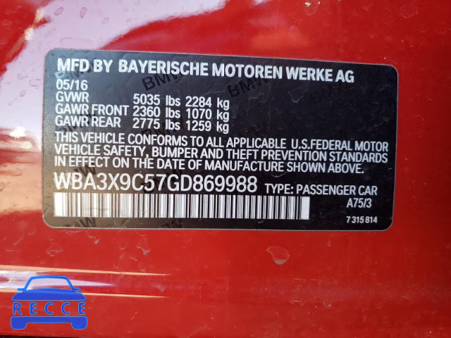 2016 BMW 335 XIGT WBA3X9C57GD869988 зображення 9