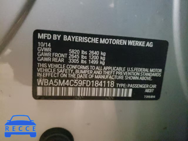 2015 BMW 535 XIGT WBA5M4C59FD184118 зображення 9