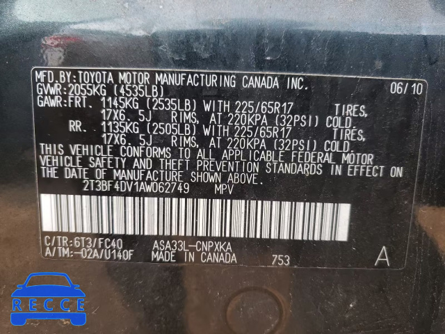 2010 TOYOTA RAV 4 2T3BF4DV1AW062749 image 9