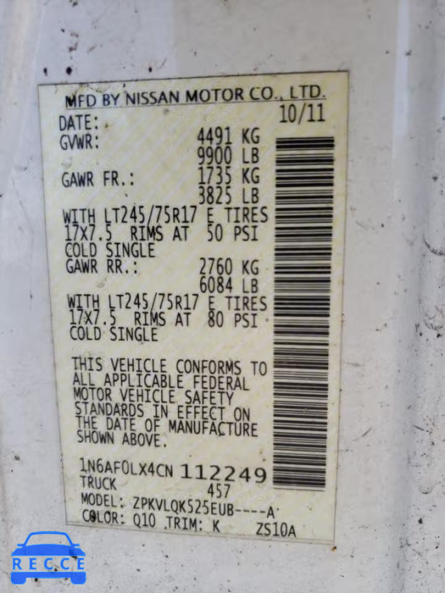 2012 NISSAN NV 3500 1N6AF0LX4CN116267 зображення 9