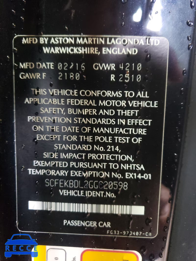 2016 ASTON MARTIN V8 VANTAGE SCFEKBDL2GGC20598 image 9