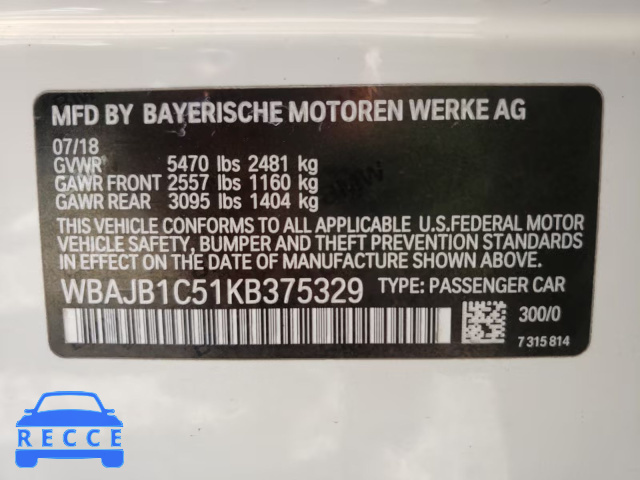 2019 BMW 530XE WBAJB1C51KB375329 зображення 9