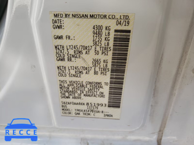 2019 NISSAN NV 3500 5BZAF0AA4KN851993 image 9