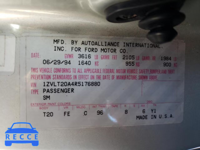 1994 FORD PROBE BASE 1ZVLT20A4R5176880 image 9