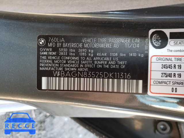 2005 BMW 760 LI WBAGN83525DK11316 зображення 9