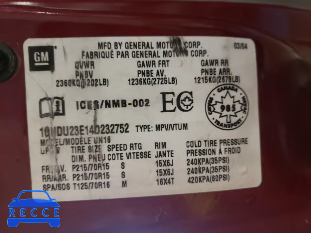 2004 CHEVROLET VENTURE EC 1GNDU23E14D232752 Bild 9