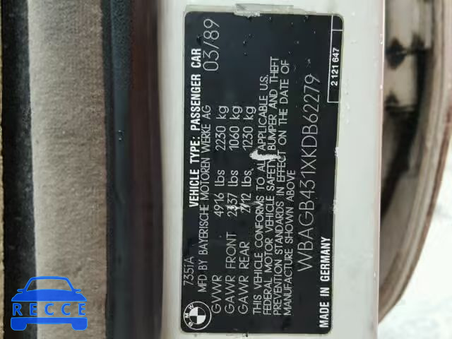 1989 BMW 735I AUTOMATIC WBAGB431XKDB62279 зображення 9