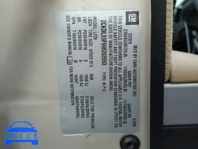 2009 PONTIAC TORRENT 2CKDL33F996203993 image 9
