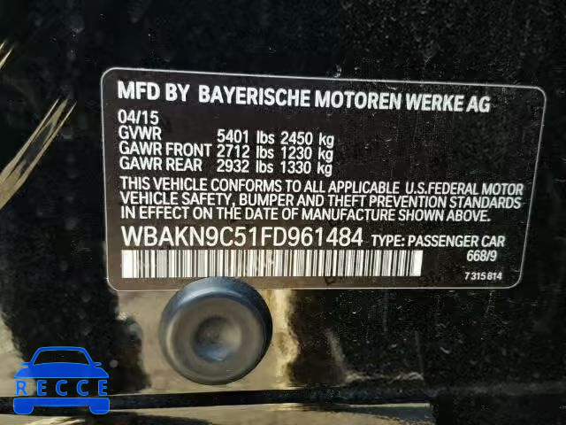 2015 BMW 550I WBAKN9C51FD961484 зображення 9