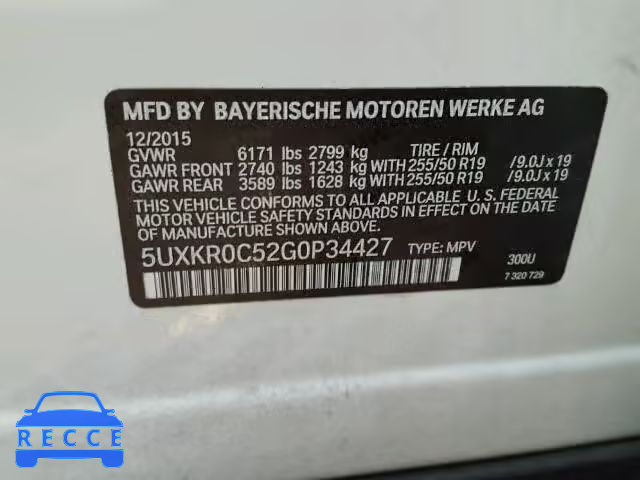 2016 BMW X5 XDRIVE3 5UXKR0C52G0P34427 image 9