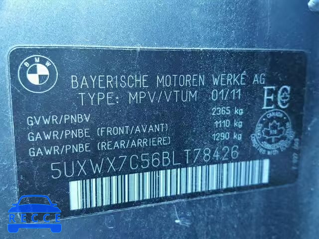 2011 BMW X3 XDRIVE3 5UXWX7C56BLT78426 зображення 9