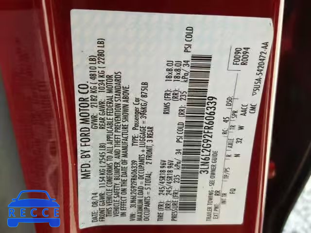 2015 LINCOLN MKZ 3LN6L2G92FR606339 image 9