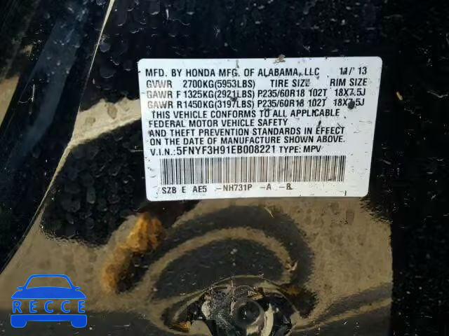 2014 HONDA PILOT TOUR 5FNYF3H91EB008221 image 9