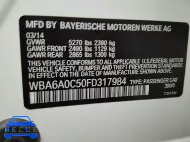 2015 BMW 640I GRAN WBA6A0C50FD317984 Bild 9