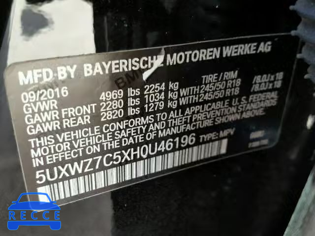 2017 BMW X3 SDRIVE2 5UXWZ7C5XH0U46196 зображення 9