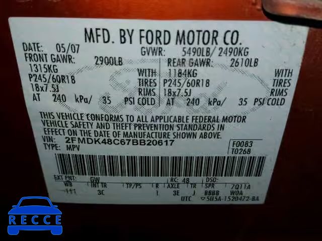 2007 FORD EDGE SEL A 2FMDK48C67BB20617 image 9