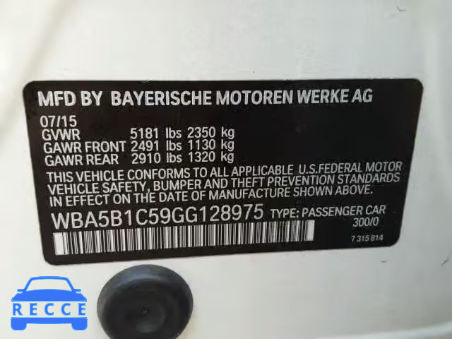 2016 BMW 535I WBA5B1C59GG128975 зображення 9