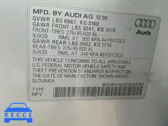 2007 AUDI Q7 4.2 QUA WA1AV74L87D004782 image 9