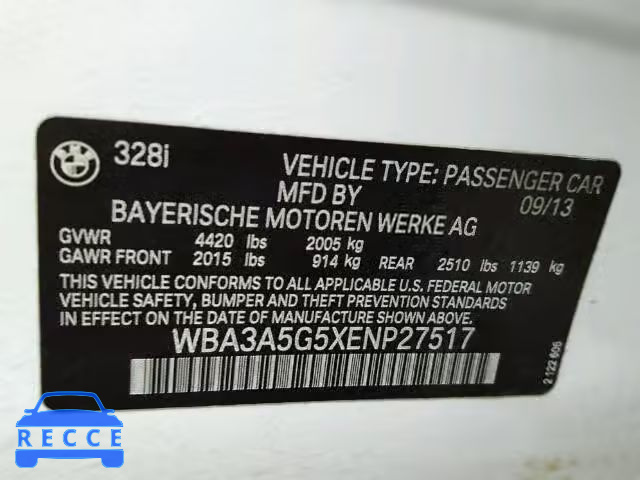2014 BMW 328I WBA3A5G5XENP27517 зображення 9