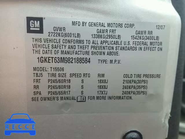 2008 GMC ENVOY DENA 1GKET63M982188584 image 9