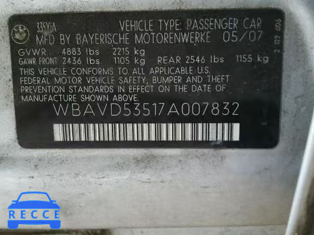 2007 BMW 335XI WBAVD53517A007832 зображення 9