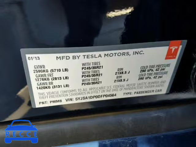 2013 TESLA MODEL S 5YJSA1DP0DFP04564 зображення 9