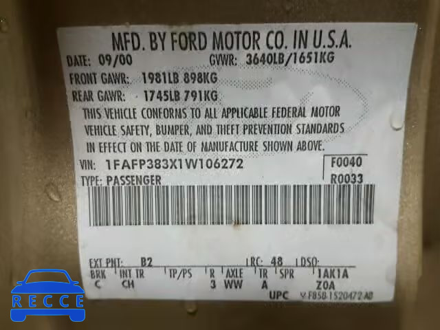 2001 FORD FOCUS ZTS 1FAFP383X1W106272 image 9