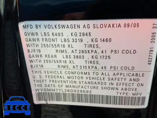 2006 VOLKSWAGEN TOUAREG 4. WVGMM77L26D029592 image 9