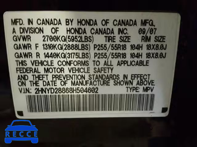 2008 ACURA MDX SPORT 2HNYD28868H504602 Bild 9